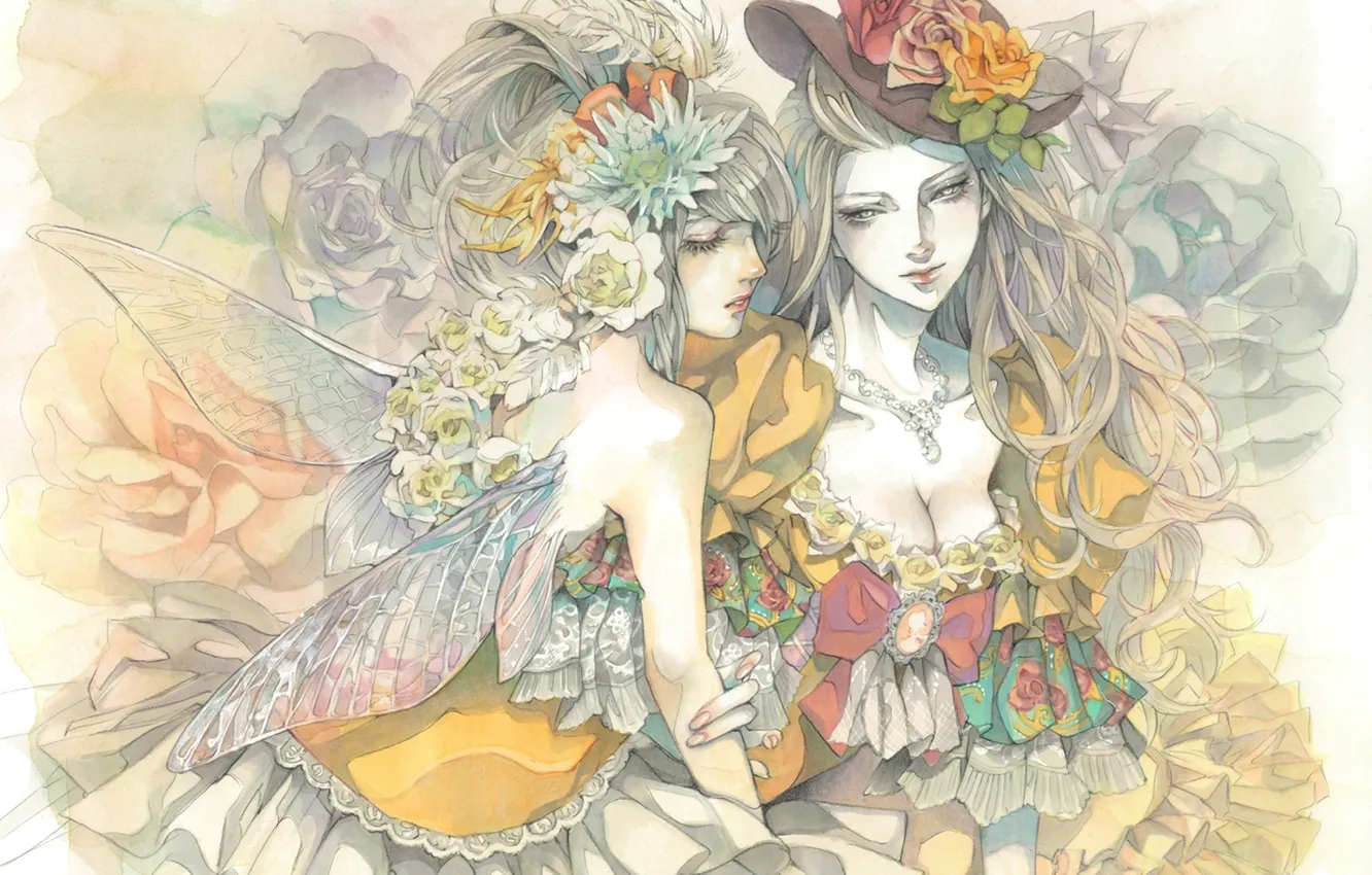 Фото обои цветы, девушки, рисунок, крылья, шляпа, платье, фея, арт