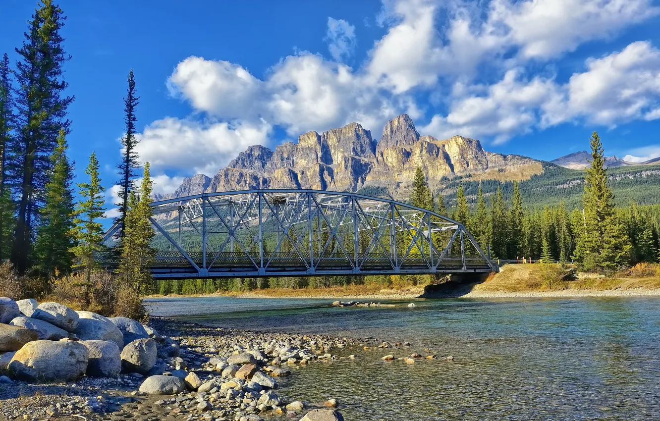Фото обои деревья, горы, мост, река, камни, Канада, Альберта, Banff National Park