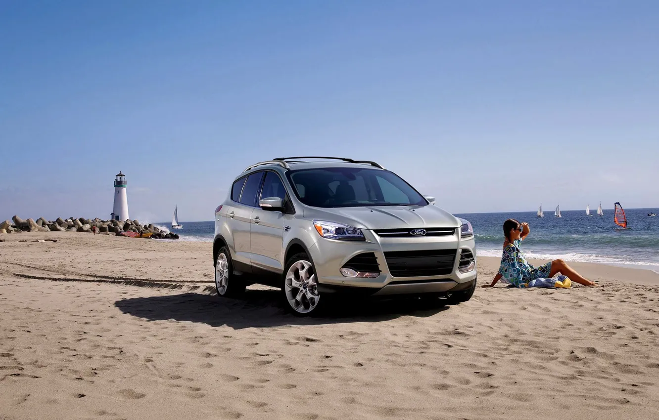 Фото обои Ford, Песок, Море, Пляж, Девушка, Маяк, Машина, Лето