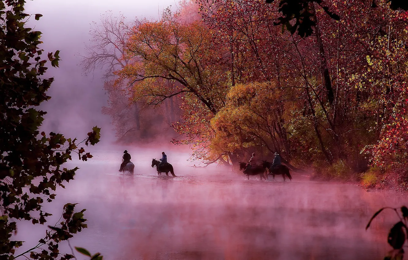 Фото обои осень, туман, река, утро, всадники, Missouri, National Scenic Riverways park, Ozark