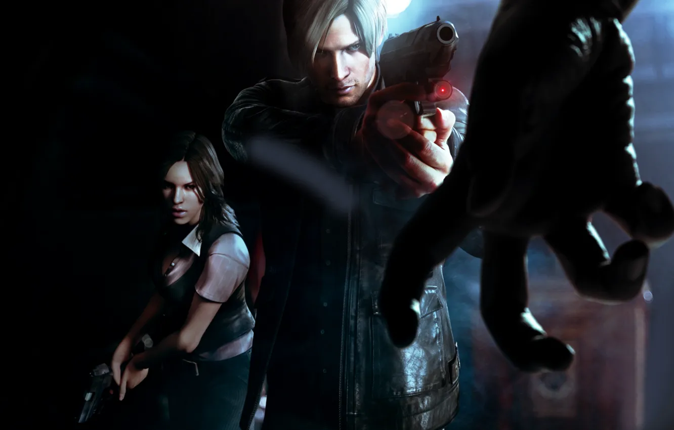 Фото обои девушка, рука, мужик, зомби, пушка, Resident Evil 6 art