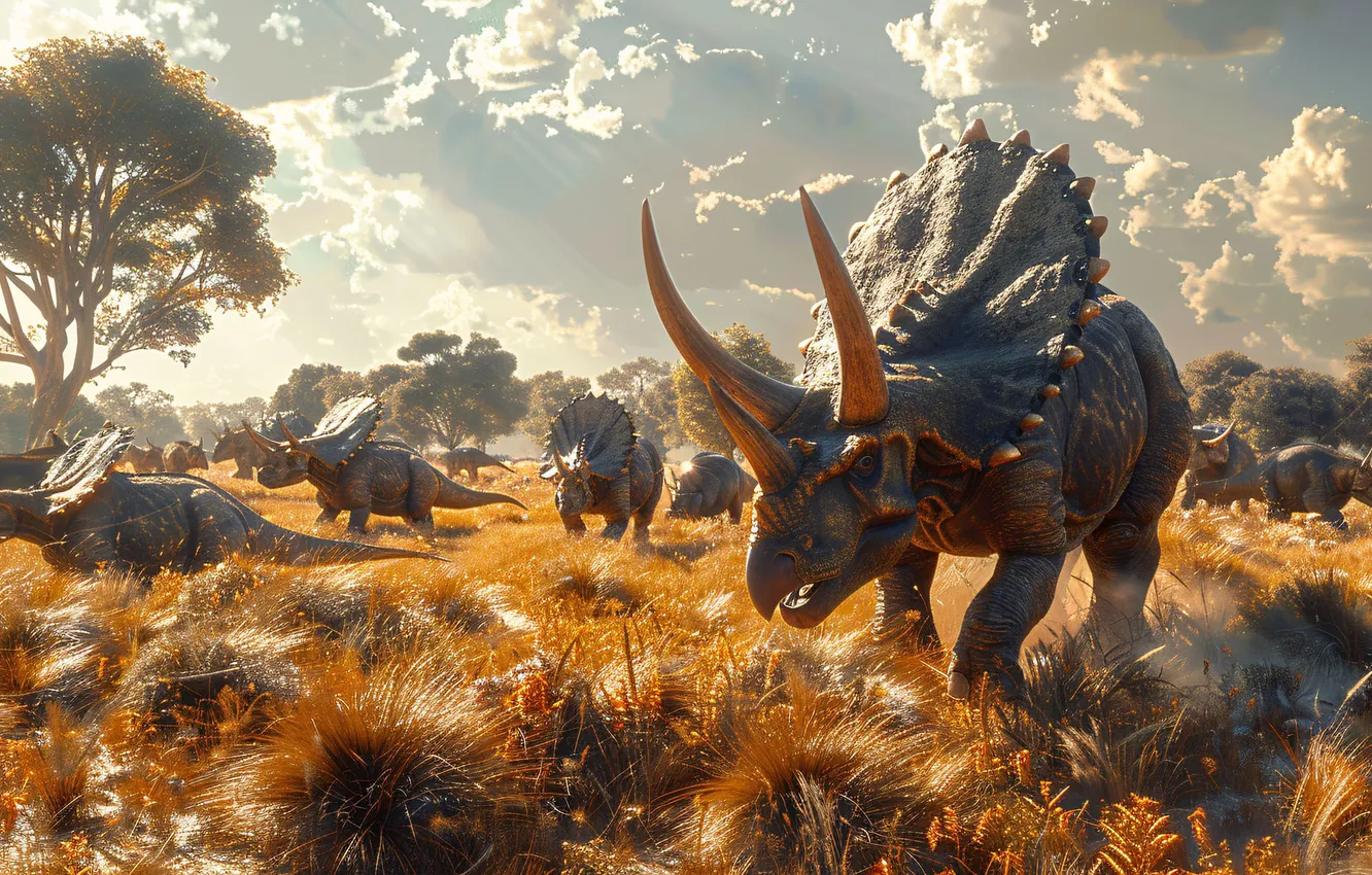 Фото обои Облака, Трава, Рога, Животные, Triceratops, Цифровое искусство, Динозавры, Древние животные