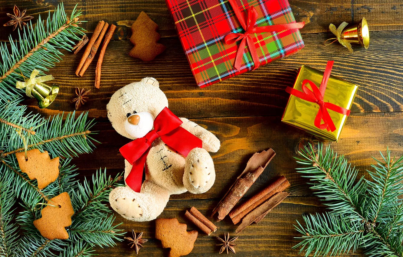 Фото обои украшения, игрушки, елка, Новый Год, Рождество, мишка, подарки, Christmas