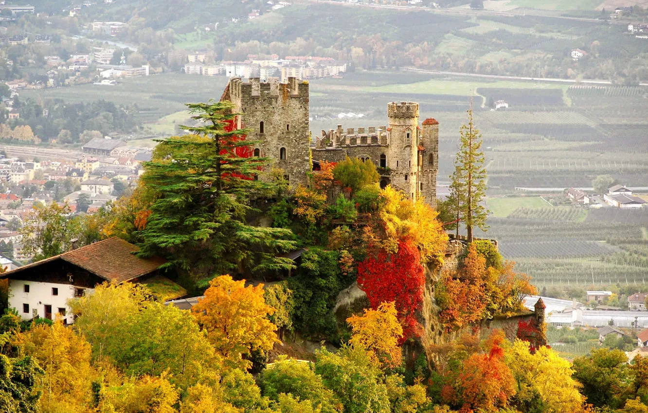 Фото обои осень, деревья, город, фото, замок, Италия, Castle, Brunnenburg