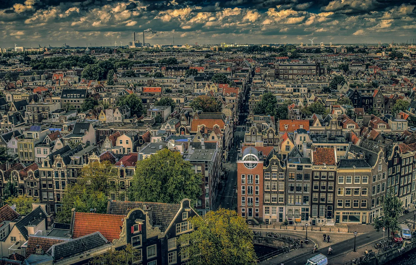 Фото обои небо, облака, дома, Амстердам, панорама, Нидерланды, улицы, столица