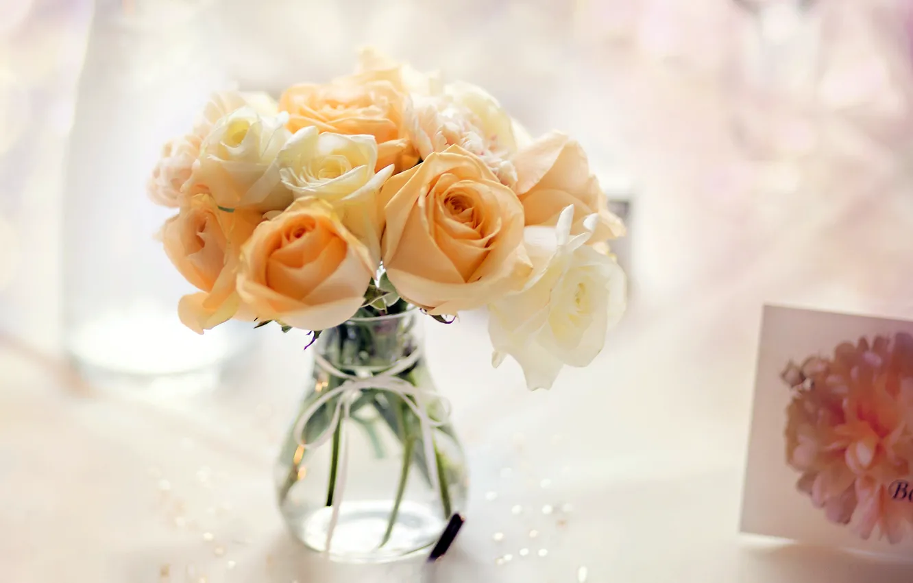Фото обои цветы, розы, букет, желтые, ваза, оранжевые, открытка