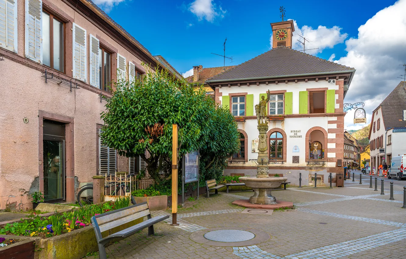 Фото обои Франция, Дома, Скамейка, Alsace
