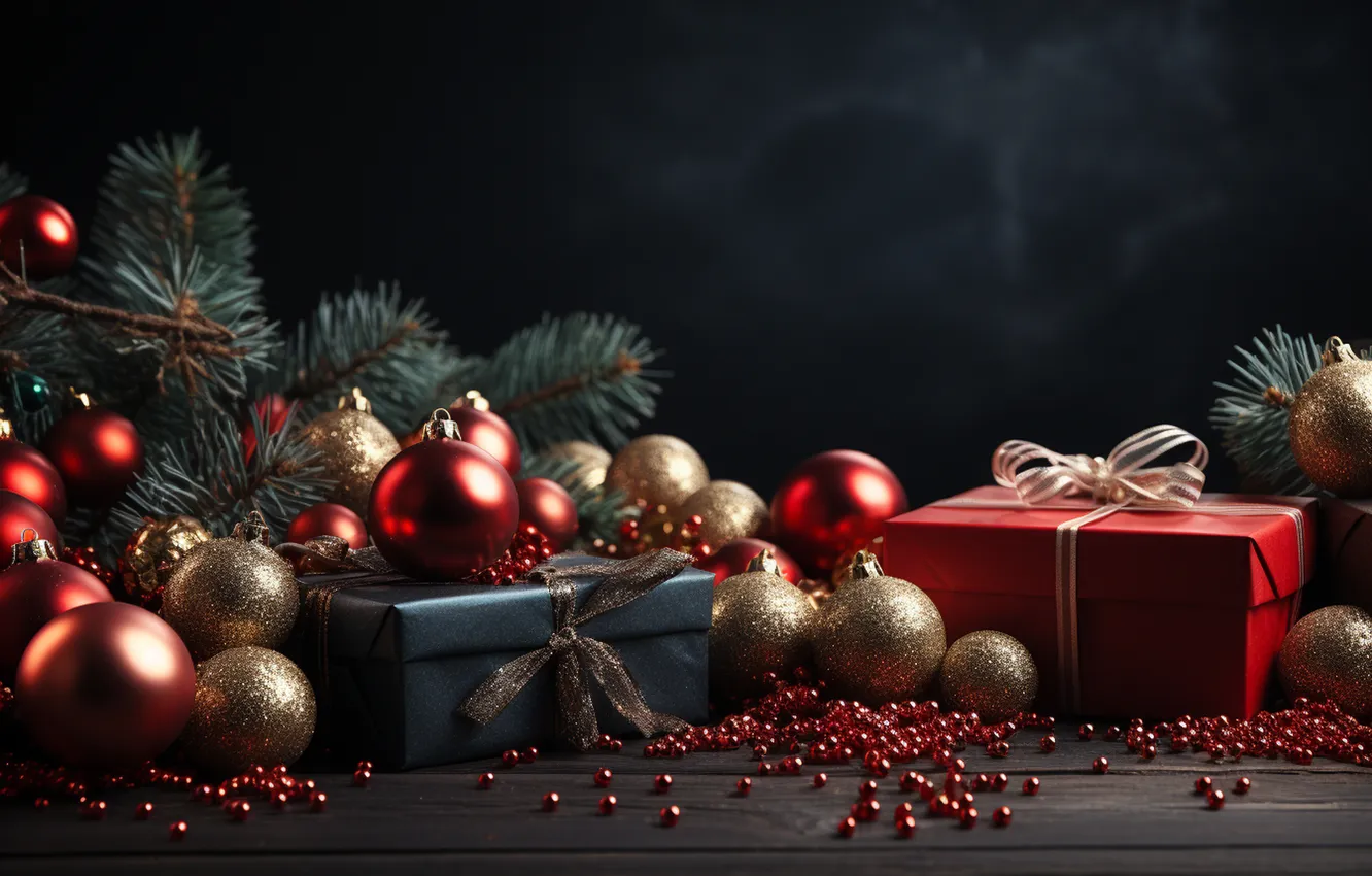 Фото обои шары, елка, Рождество, подарки, Новый год, Christmas, balls, tree