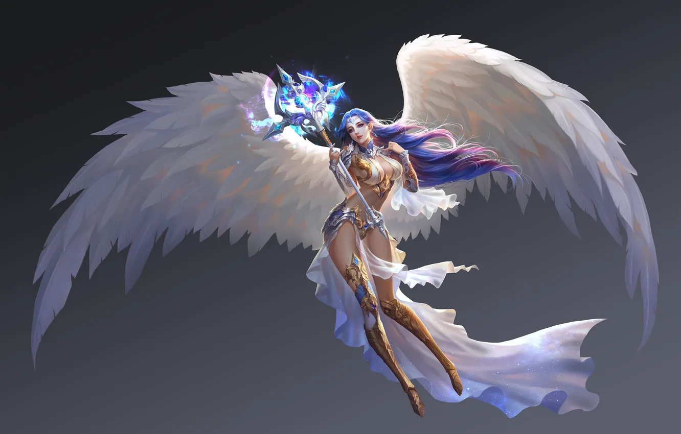 Фото обои крылья, ангел, фэнтези, арт, жезл, Aurora, 浩 郭