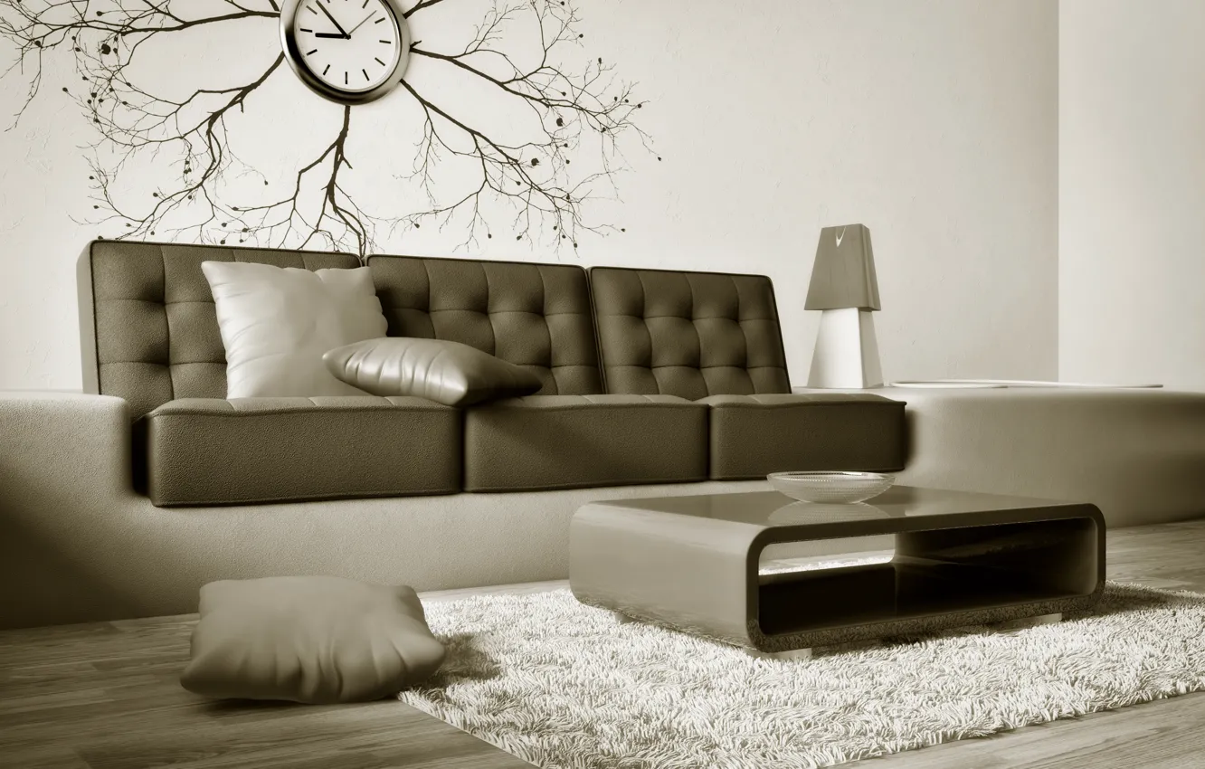 Фото обои диван, часы, интерьер, коричневый