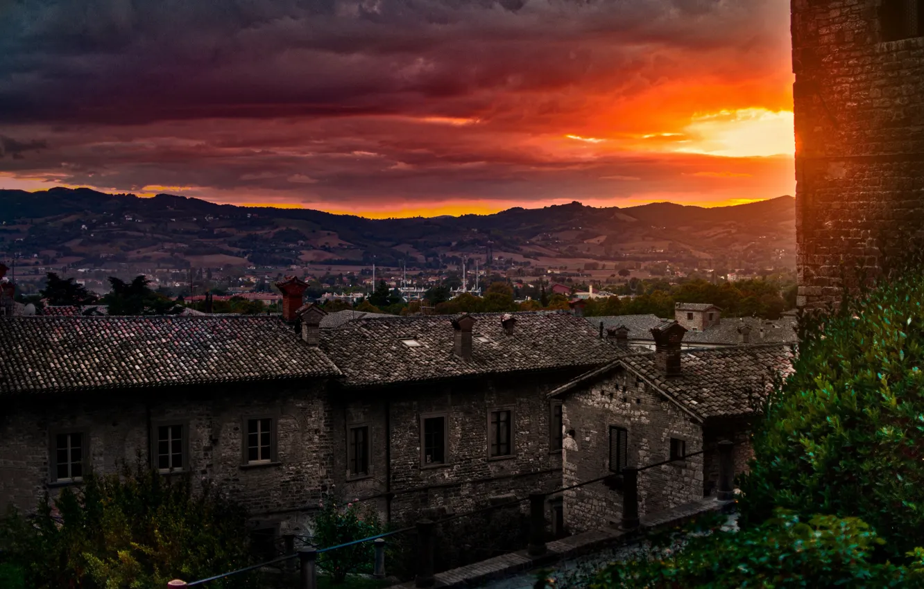 Фото обои Закат, Дома, Панорама, Крыши, Италия, Italy, Sunset, Italia