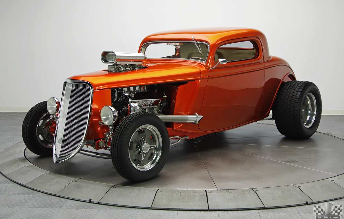 Фото обои Ford, Hot Rod, Coupe, Классическое авто, TH350, Tan, 1933, Kandy Orange Glow