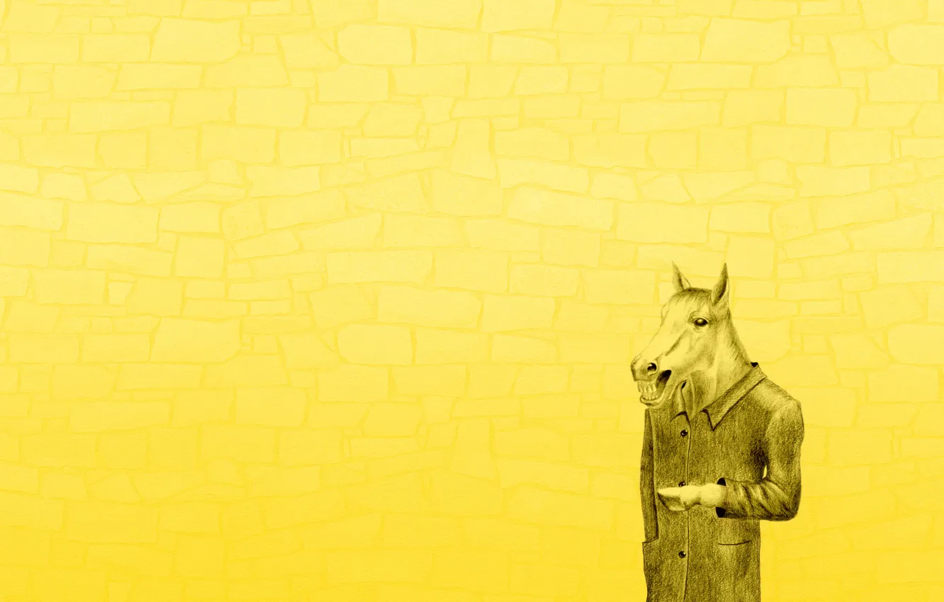 Фото обои минимализм, желтый фон, конь в пальто