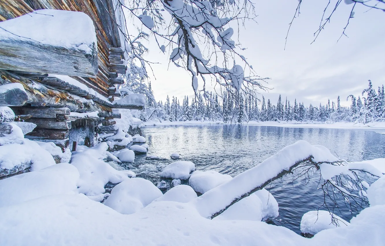 Фото обои зима, снег, озеро, сугробы, Финляндия, Finland, Lapland, Лапландия