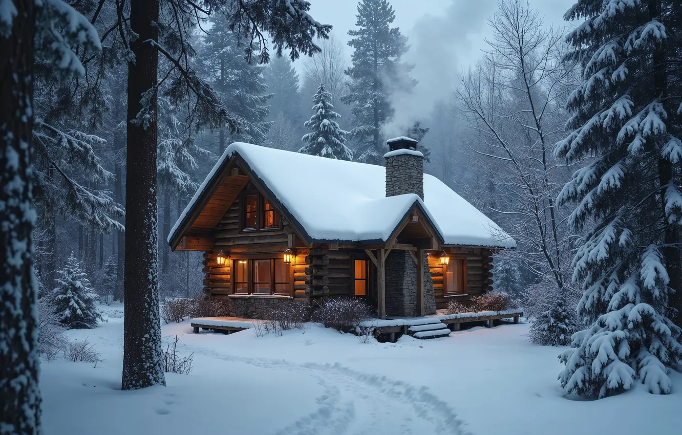 Фото обои зима, лес, снег, горы, елки, домик, house, хижина