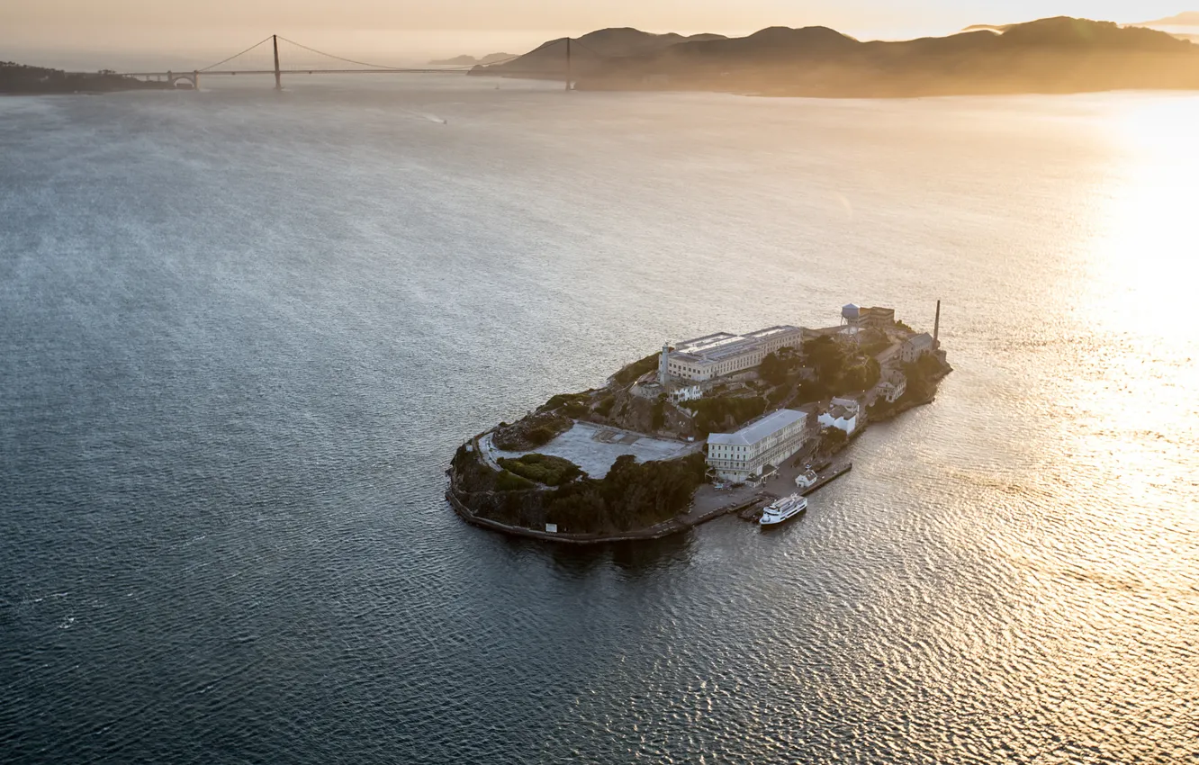 Фото обои pacific ocean, sunset, san francisco, island, prison, bay, alcatraz