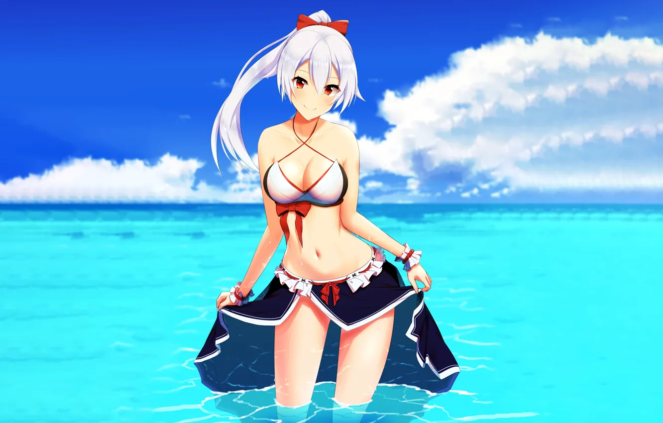 Фото обои girl, sexy, cleavage, beach, long hair, sea, boobs, anime