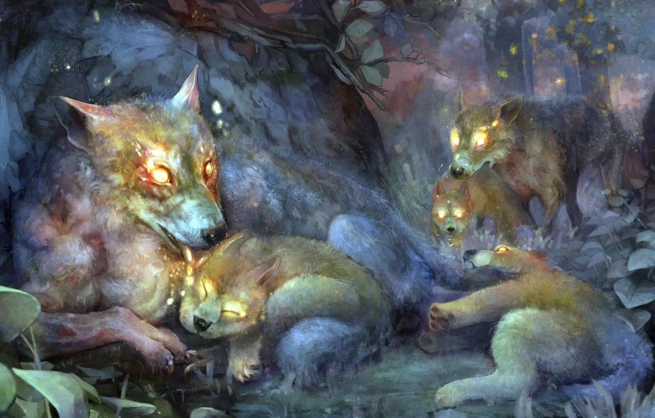 Фото обои лес, игра, сумрак, арт, волки, волчата, волчица, dragon's crown