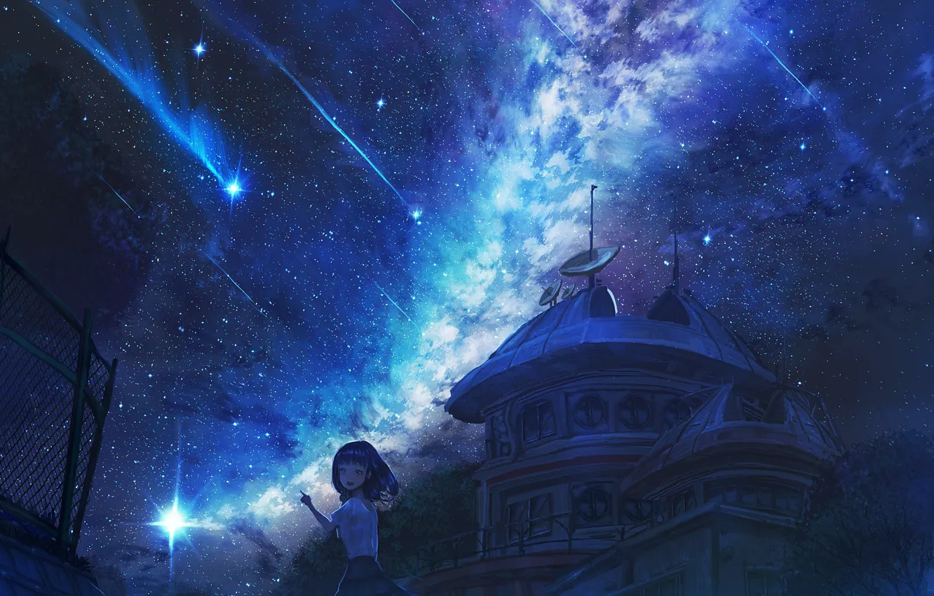 Фото обои девушка, ночь, млечный путь, обсерватория, звездопад