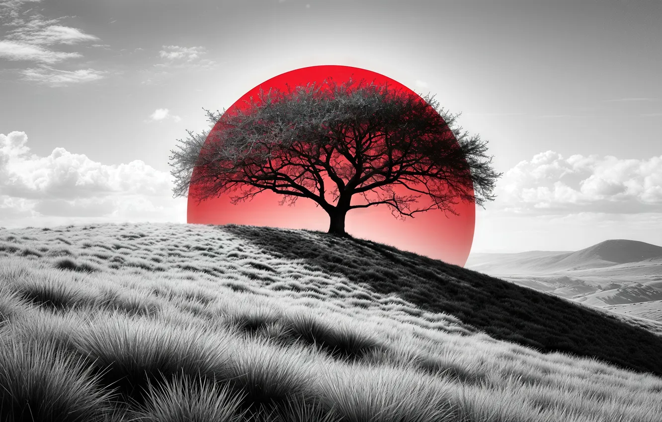 Фото обои red, landscape, tree, circle