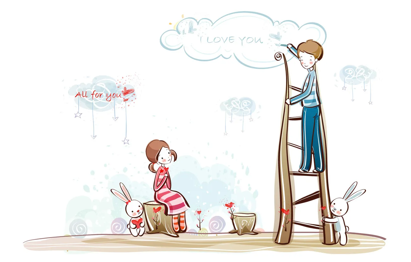 Фото обои облака, рисунок, мальчик, лестница, девочка, сердечки, зайцы, love