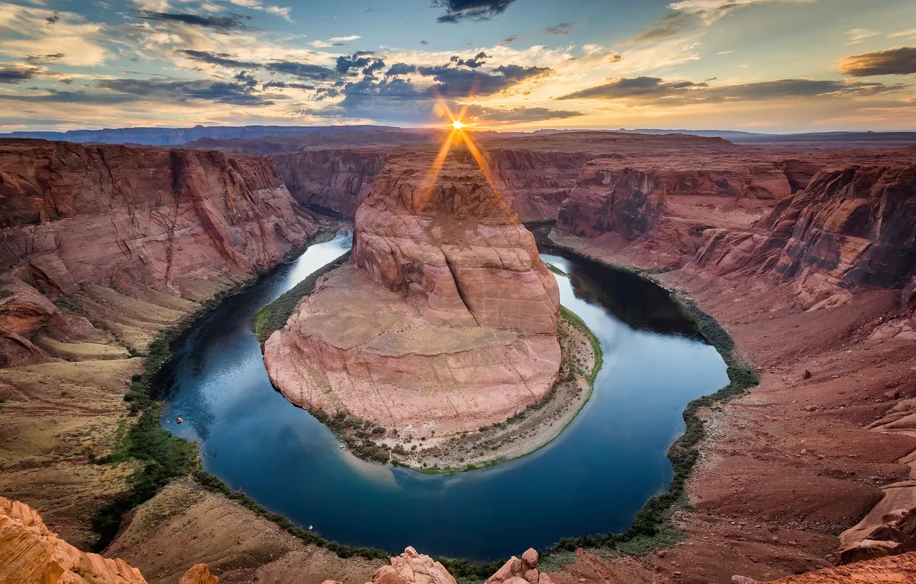 Фото обои небо, солнце, облака, лучи, река, Колорадо, каньон, Аризона