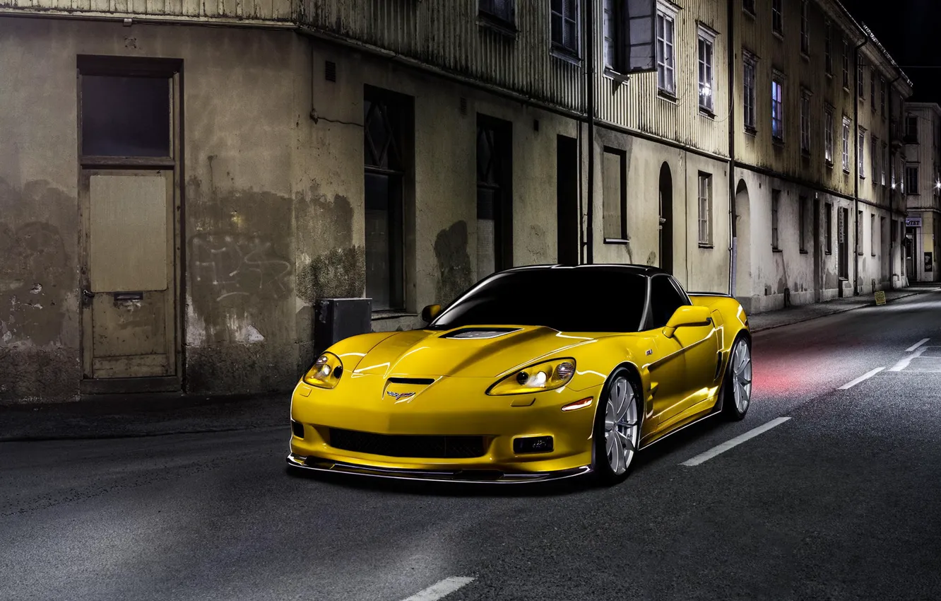 Фото обои Corvette, Chevrolet, ZR1, Car, Night, Yellow
