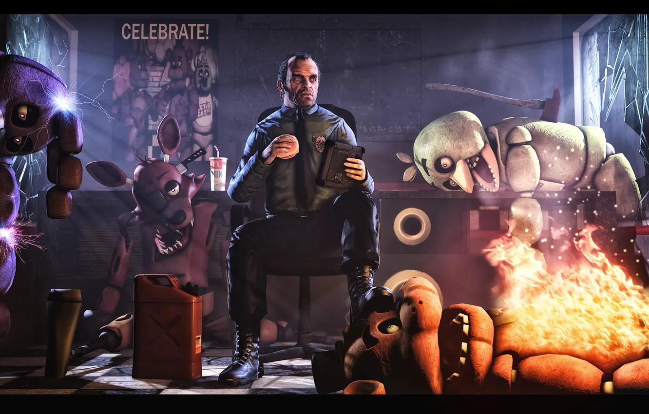 Фото обои GTA, Grand Theft Auto, Trevor Phillips, Five Nights at Freddy's, Five nights with Trevor