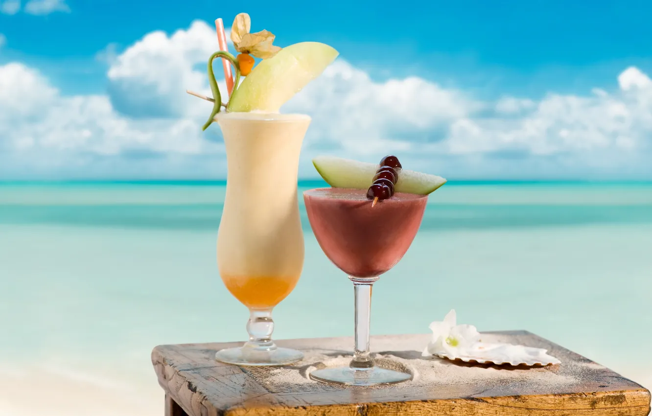 Фото обои море, вишня, стакан, коктейль, напиток, sea, 1920x1200, melon