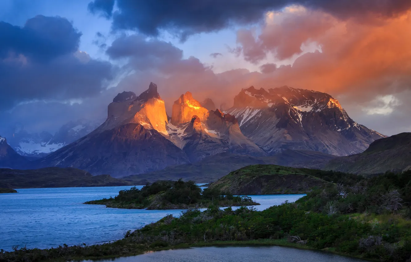 Фото обои Чили, Chile, Lake Pehoe, Torres del Paine National Park, Озеро Пехо, национальный парк Торрес-дель-Пейн