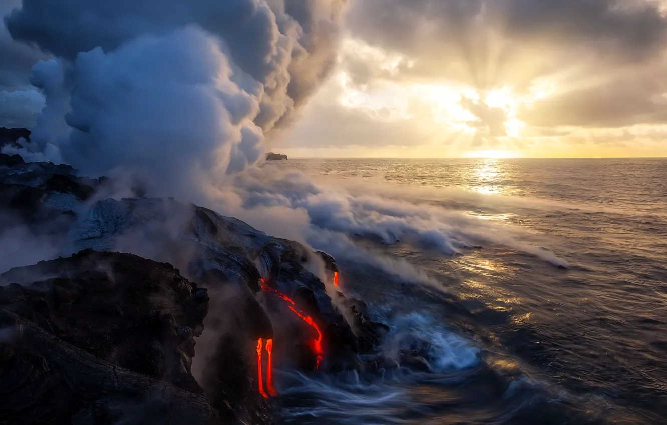 Фото обои Hawaii, morning light, Lava, steaming rocks