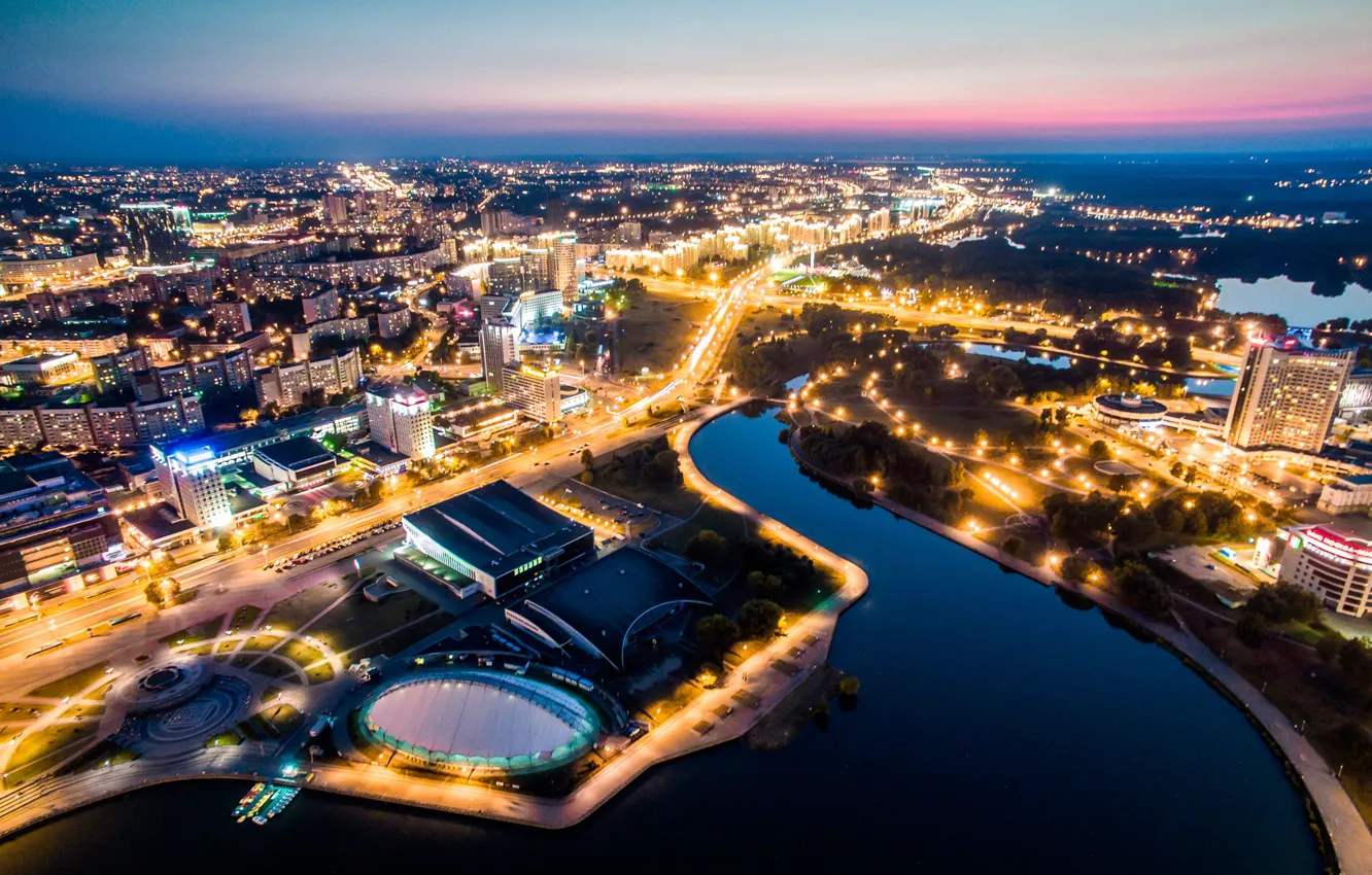 Фото обои закат, река, проспект, высота, Беларусь, Минск, Belarus, Minsk