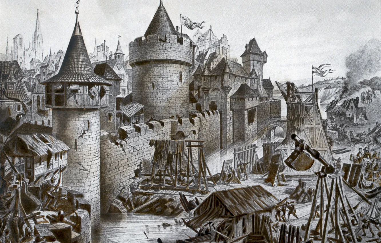 Фото обои замок, Gravure, чёрно - белая, Осада Лукоморска