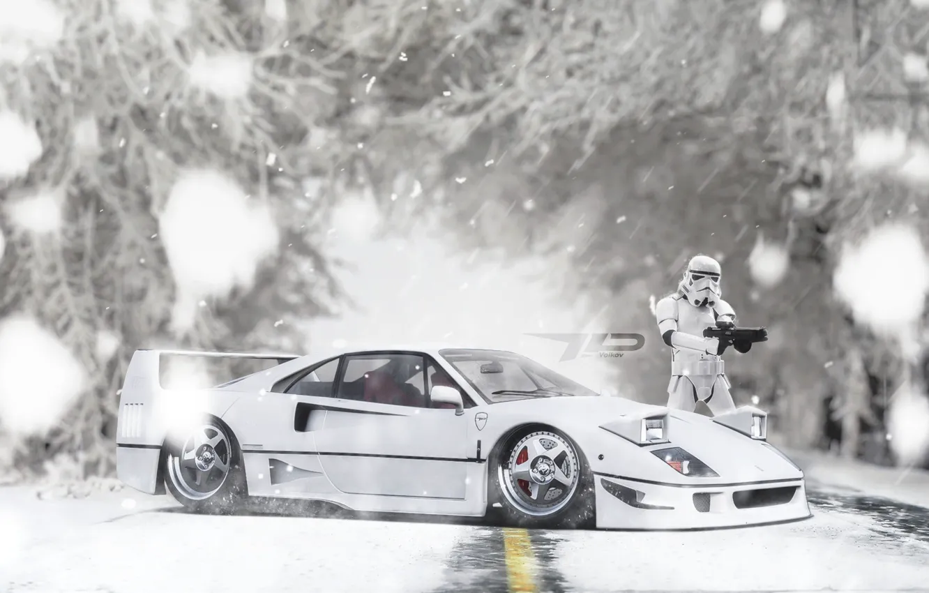 Фото обои Авто, Снег, Машина, Star Wars, Ferrari, F40, Рендеринг, Concept Art