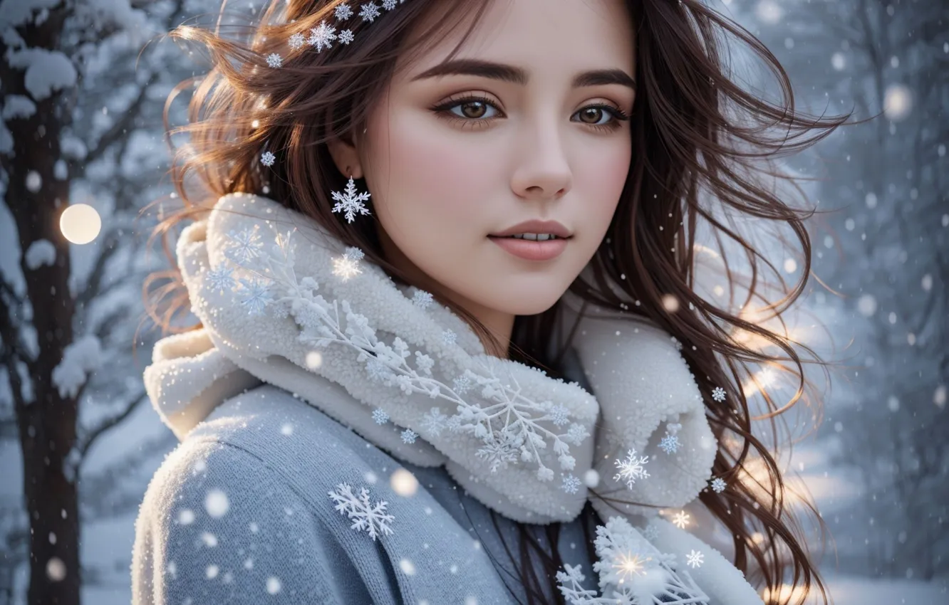 Фото обои зима, лес, девушка, свет, снег, снежинки, природа, парк