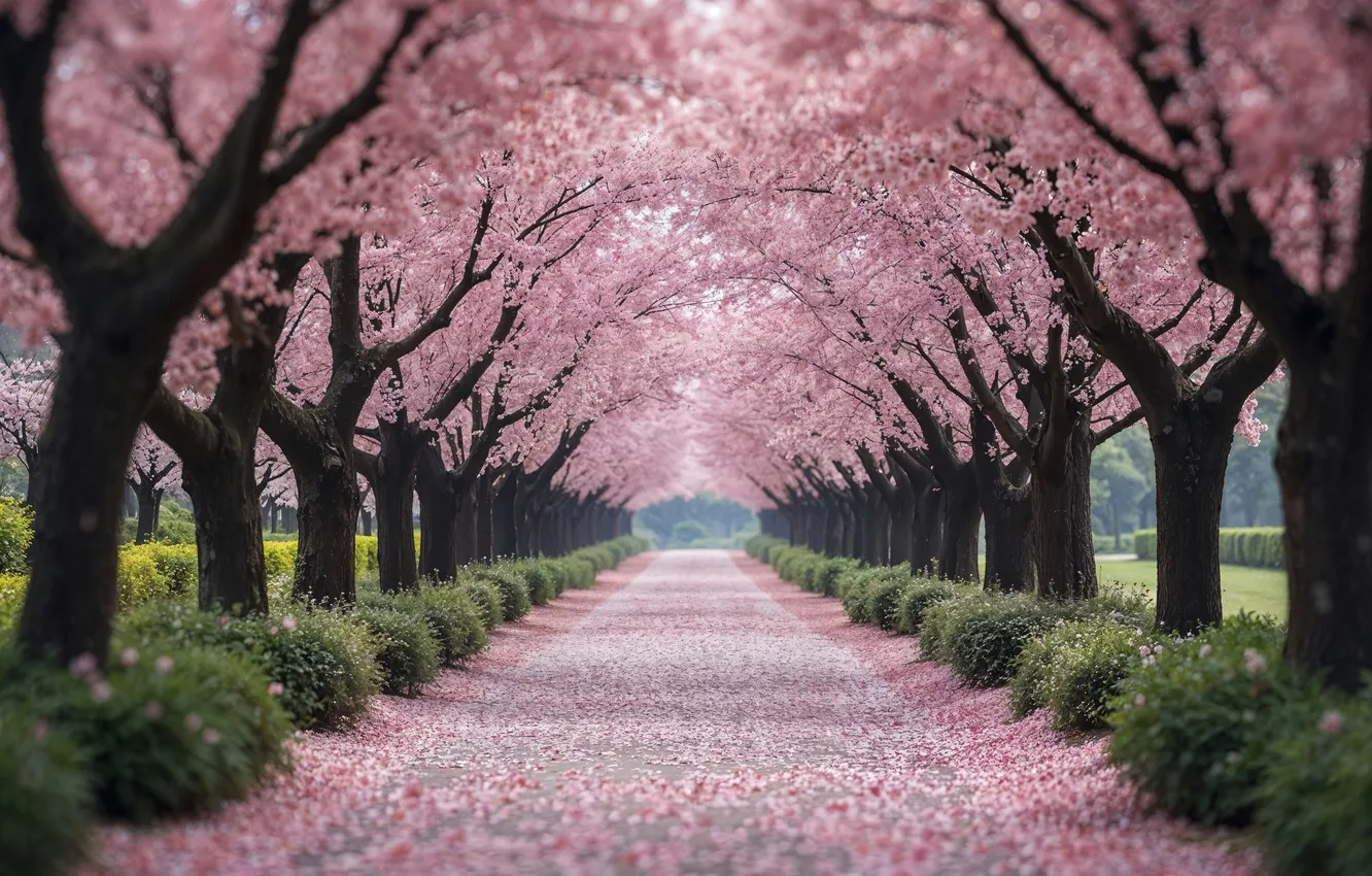 Фото обои деревья, парк, весна, сакура, аллея, цветение, trees, pink