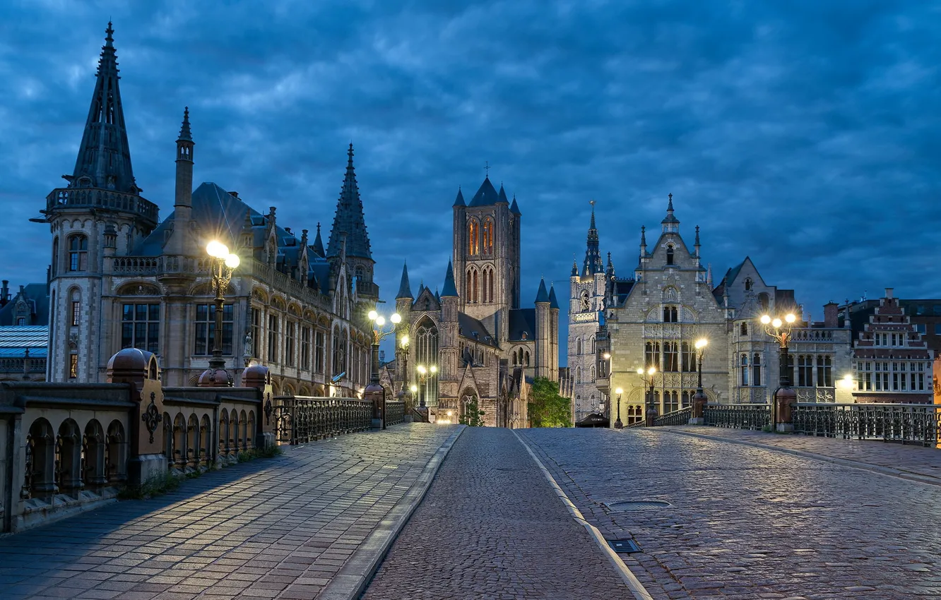 Фото обои дорога, ночь, город, площадь, Бельгия, Гент