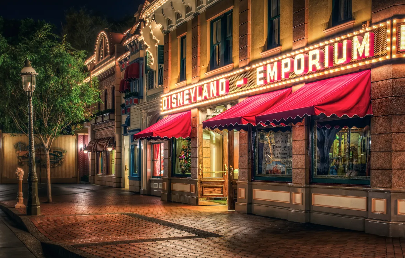 Фото обои ночь, улица, HDR, Калифорния, фонарь, USA, Диснейленд, Disneyland