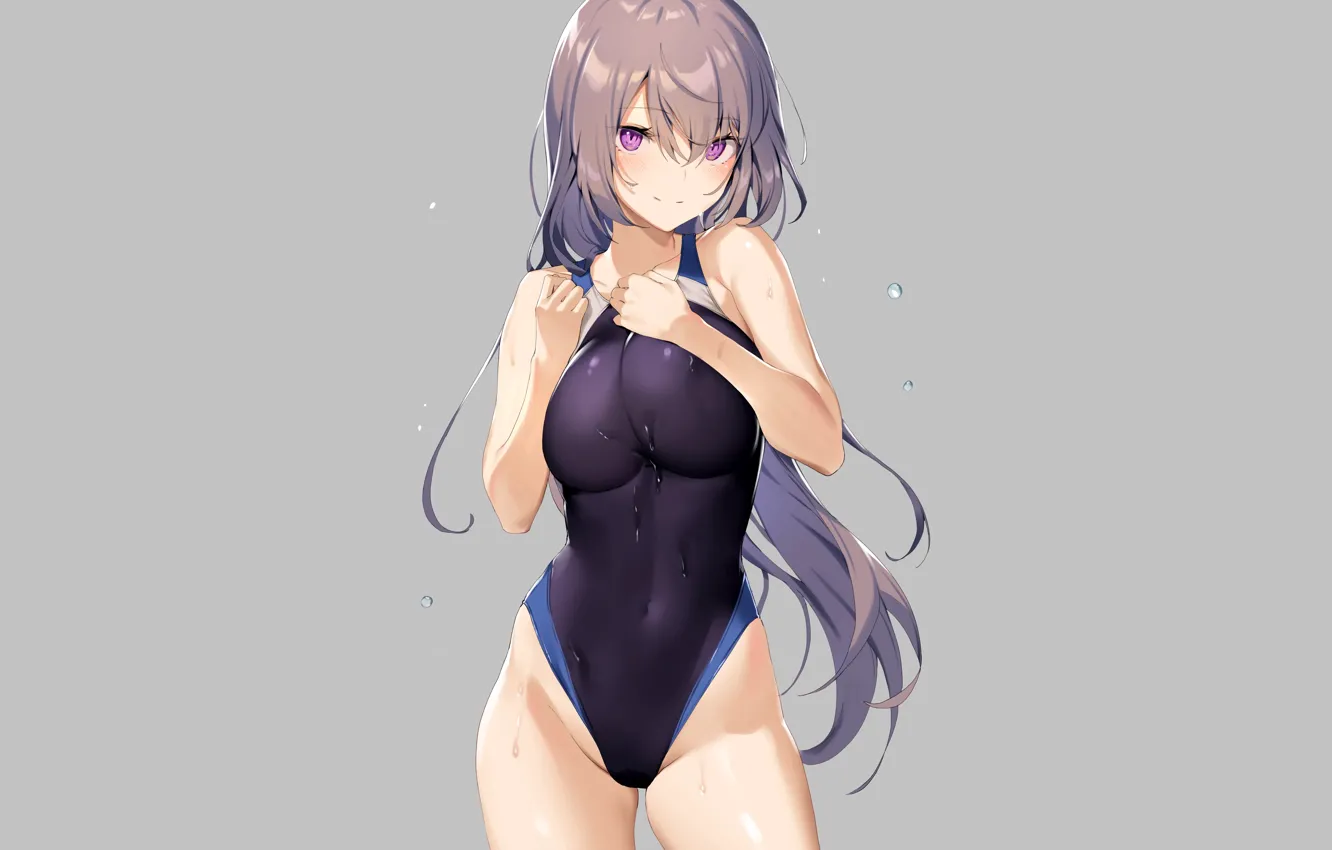 Фото обои girl, sexy, wet, long hair, boobs, anime, beautiful, purple eyes