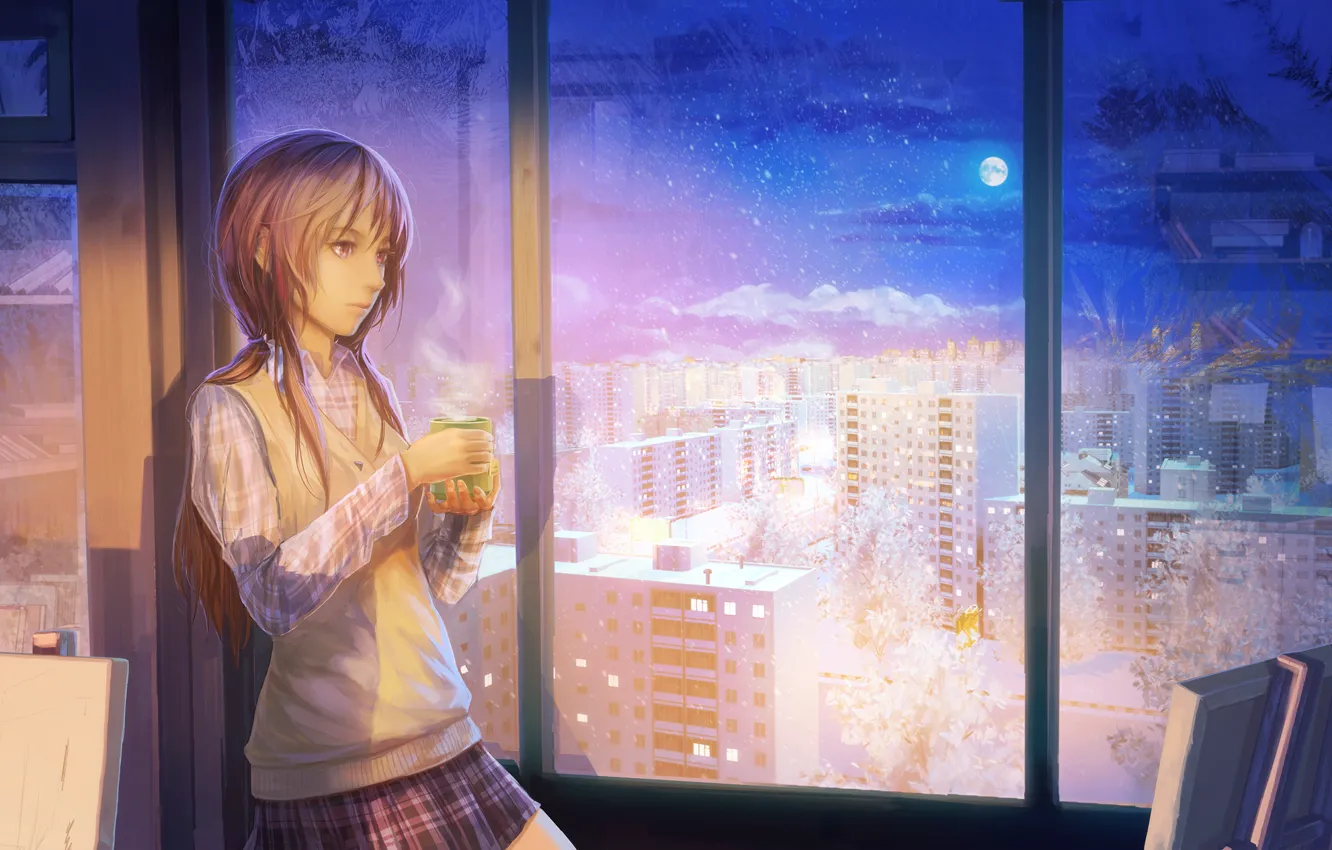 Фото обои зима, девушка, снег, ночь, город, чай, луна, рисунок