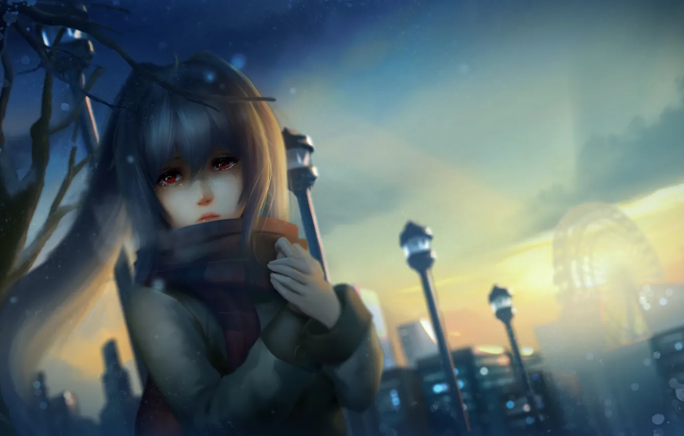 Фото обои девушка, вечер, арт, колесо обозрения, isla, plastic memories, huykho192