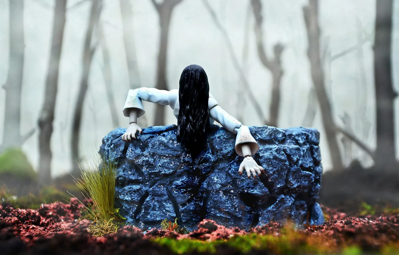 Фото обои лес, туман, волосы, игрушки, колодец, The Ring, Sadako Yamamura