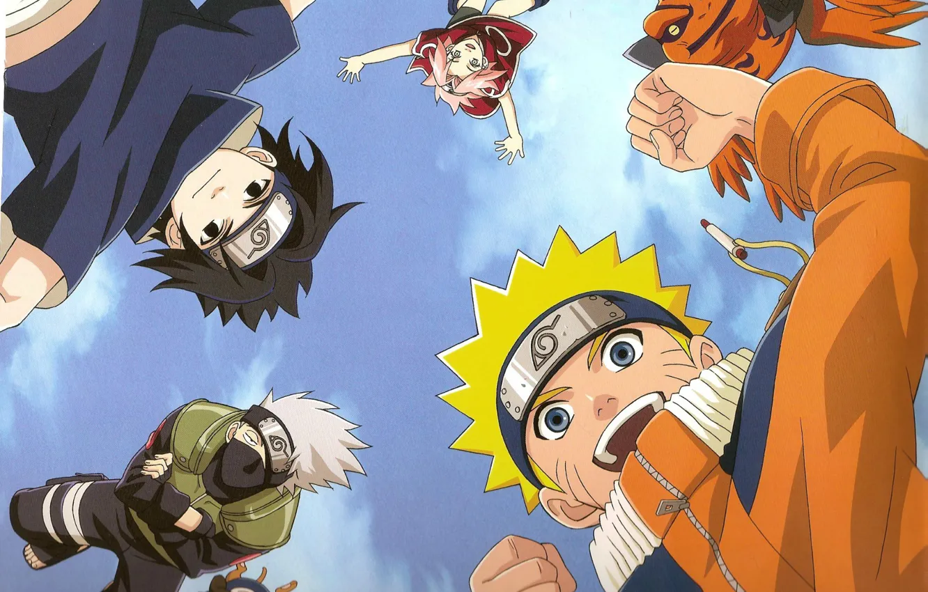 Фото обои небо, радость, Naruto, Sakura, друзья, жаба, отряд, Sasuke Uchiha