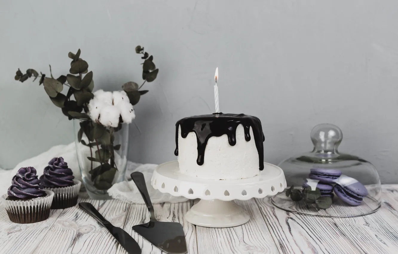 Фото обои день рождения, свечи, торт, Праздник, кексы, макароны