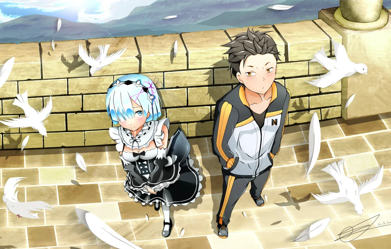 Фото обои девушка, аниме, арт, голуби, парень, Субару, смущение, Re: Zero kara Hajimeru Isekai Seikatsu