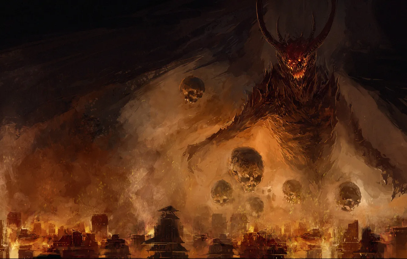 Фото обои город, страх, огонь, мрак, череп, крылья, демон, Chris Cold