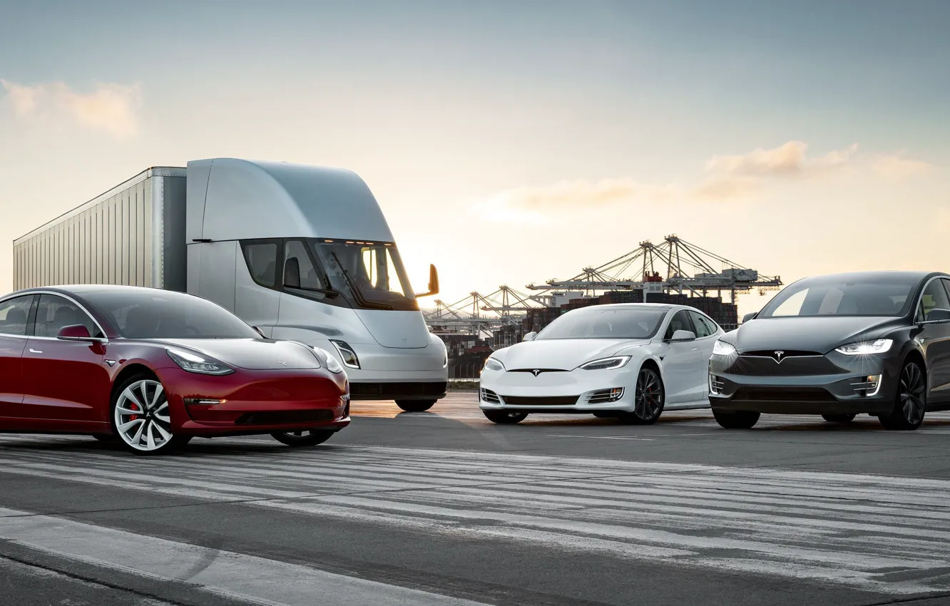 Фото обои Tesla, Model S, Model X, Model 3, Electric Car, Semi, Tesla Family