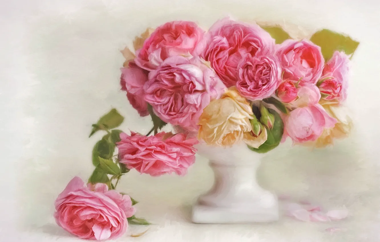 Фото обои цветы, розы, лепестки, арт, ваза