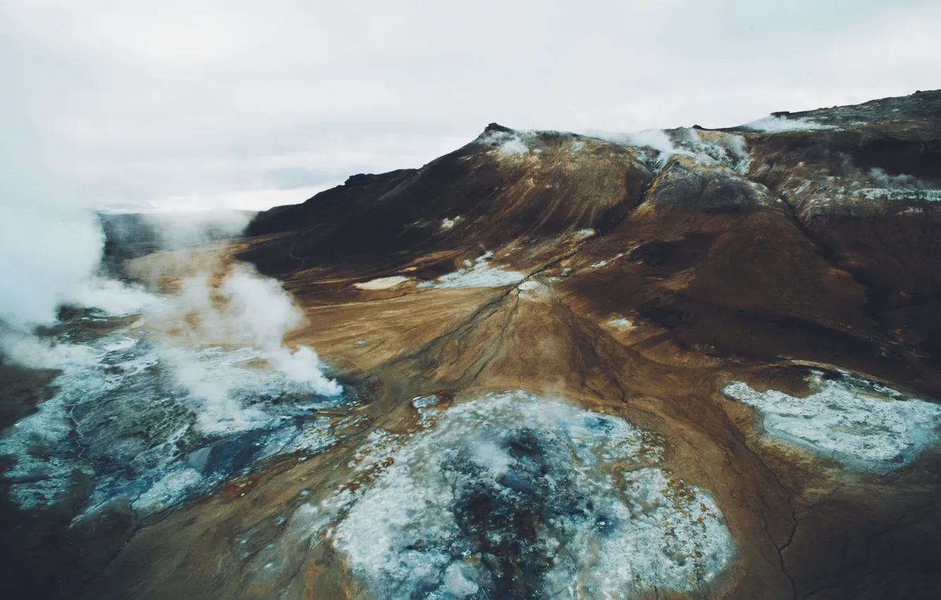 Фото обои горы, дым, пар, Исландия, вид сверху