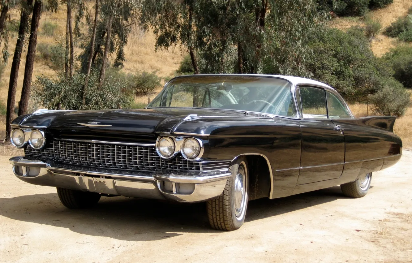 Фото обои фон, чёрный, Cadillac, 1960, классика, Coupe, передок, Купе
